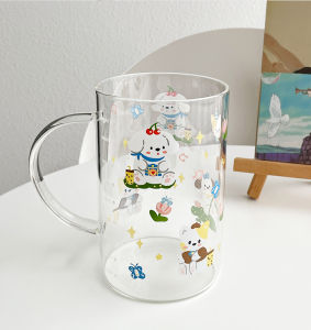 1000ml Large Capacity Glass Water Cup with Straw Milk Juice Cup Heat Resistant Cover Ins Style Cartoon Home Use Glass Cup