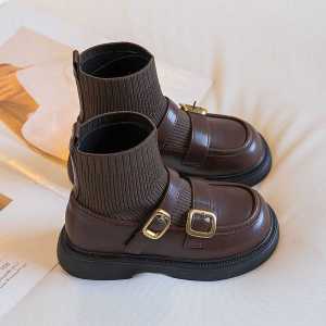 Fashionable Black Martin Short Sock Boots Girls Childrens Booties Autumn Winter New Style Small Leather Shoes Korean Style