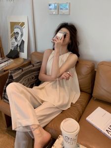 Womens Neck Hanging Sleeveless Top Wide Leg Pants Long Pants Set Summer Elegance Design Shirt Two Piece Set Fashionable Ensemble