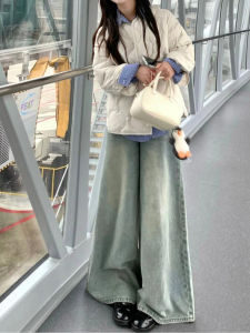 กางเกงยีนส์ทรงหลวมเอวสูงขากว้างสไตล์อเมริกันย้อนยุคสำหรับผู้หญิง กางเกงขายาวทรงตรงทรงสลิมฟิตฤดูใบไม้ร่วง/ฤดูหนาว