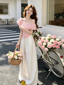Ge·an·fei | Korean Style Pink One-Shoulder Summer Set