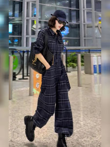 DANTING | Stylish Womens Blue Plaid Workwear Jumpsuit