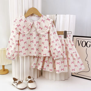 Bear Leader Autumn New Long Sleeved Girls Set Fashionable Flower Print Lapel Shirt Top+Short Skirt Korean Version Plain Childrens Clothing