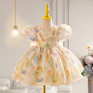 Princess Dress for Girls with Bubble Sleeves And Butterfly Knot Summer Birthday Party Dress Childrens Clothing Kids Dresses