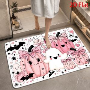 VIKAMA Halloween Bath Mat Cute Ghost Pumpkin Bow Spider Web Non Slip Absorbent Floor Mat Bathroom Spooky Home Decor Washable