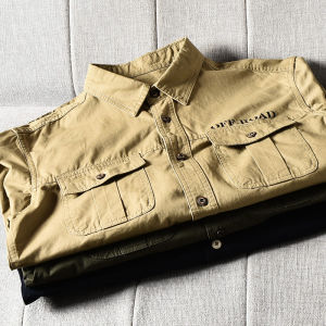 เสื้อเชิ้ตทำงานคอเหลี่ยมแขนยาวผ้าฝ้ายแท้สไตล์ลำลองสำหรับผู้ชายไซส์ใหญ่ ผ่านการซัก ป้ายเครื่องมือ แฟชั่นฤดูใบไม้ผลิ