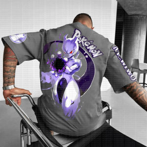 Bandai | 2026 Summer Pokemon Cotton T Shirt Mewtwo Front Print Purple Energy Effects And Sleeve Text Design Men Women Casual Fashion