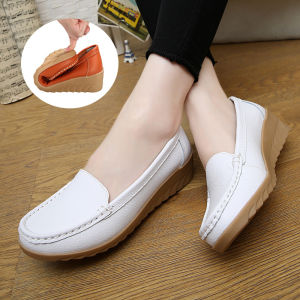 Spring Autumn Women Leather Wedge Nurse Shoe Adult Soft-soled Round-toe Flats Lady Mid-heel Casual Leather Shoes Everyday Casual