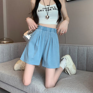High Waist Silk Denim Shorts Women Summer Thin Wide Leg Cool Feeling Five-Quarter Length Loose Fit Jeans High Waist Ruffled Washed