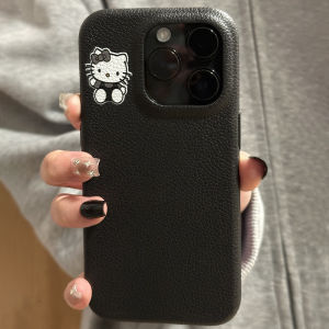 Black Series Leather Hello Kitty Cat iPhone Case Womens Style Anti-Fall Simple Korean Ins Style Protective Shell for Apple 16Promax