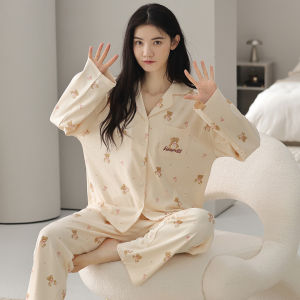Miiow | Womens Pure Cotton Sleepwear Long Sleeve Loose Fit Home Clothes Autumn Spring Seasonal Comfortable Breathable Two-Piece Set