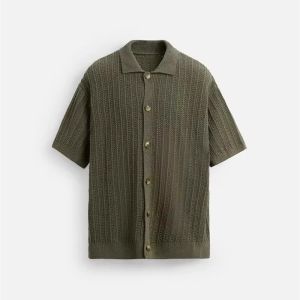 Spring New Casual Knitted round Neck Texture Shirt Vest Mens Fashion Urban Style Short Sleeve Single Button Standard Fit