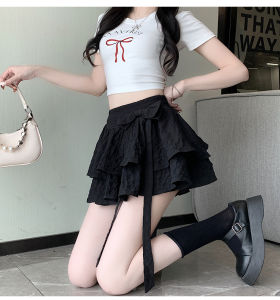 Ballet Style Half Skirt Women Summer High Waist Bow Knot Tie Fluffy A-Line Mini Skirt Anti-Light Skirt Pants Korean Style