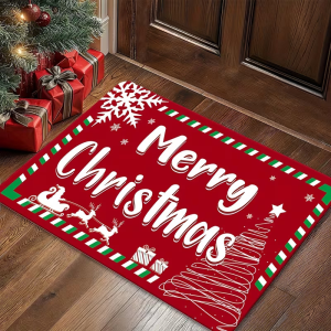 VIKAMA Christmas Candy Cane Doormat Bow Holly Snowflake Non‑Slip Absorbent Floor Mat For Entryway Hallway Home Decor