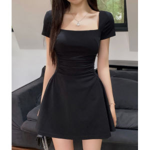 French Hepburn Style Little Black Dress Womens Summer New Design Slimming Short Sleeve High Waist A-Line Skirt Single Piece