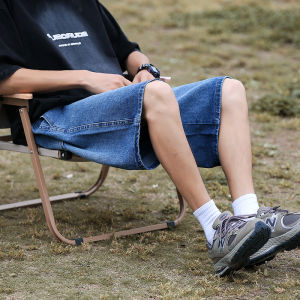 กางเกงขาสั้นทรงตรงสีน้ำเงินเข้มสำหรับผู้ชาย กางเกงขาสั้นชายหาด กางเกงขายาวทรงตรงบาง กางเกงขายาวลำลอง 5 นิ้ว ฤดูร้อน ทรงหลวม สไตล์ลำลอง