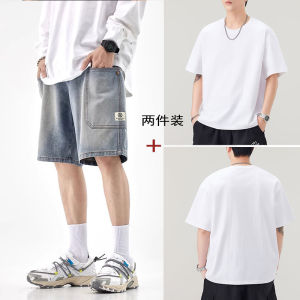 UKTK Retro Denim Shorts Mens Summer American High Street Loose Straight Leg Mens Pants New Trendy Brand Five-Quarter Pants