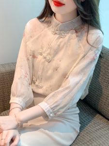 Romantic French Vintage Shirt Womens Gentle Half-High Collar Seven-Sleeve Button-Down Elegant Soft Cotton Silk Blouse