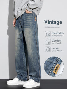Baggy Straight Mens Jeans Autumn New Vintage Blue Wash Cotton Wide-leg Denim Pants Streetwear Fashion Korean Casual Trousers