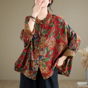 Large Size Spring Cotton Linen Print Shirt Chinese Style Tea Costume Button up Outerwear Casual Loose Fit Long Sleeve