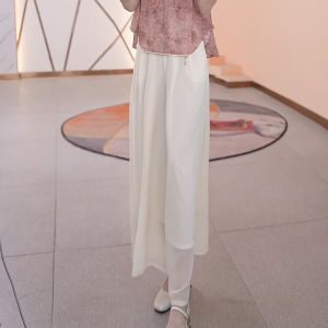 Shalldoer | Elegant Mesh Splicing Casual Skirt High Waist Draped Gentle Summer Skirts For Women Retro Style Polyester Fiber Straight Leg