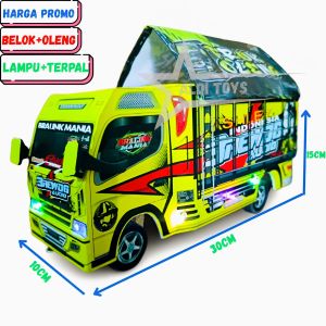 Mainan miniatur truk oleng kayu (BREWOK AUDIO) roda bisa belok oleng full variasi lampu dan terpal