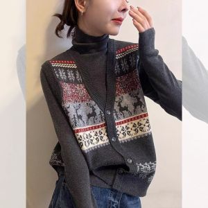 Spring 2026 New Reindeer Jacquard Fair Isle Style Grey Knit Sweater Vest