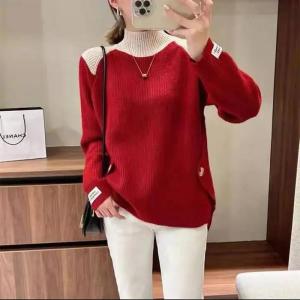 Thickened Red Knitted Sweater Womens Loose Fit Pullover Winter Half High Collar Top Commute Style Long Sleeve Warm Coat