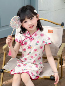 Summer Floral Princess Dress Childrens Cheongsam Clothing Girls Dress Flag Robe Skirt Cotton Traditional Chinese Costume