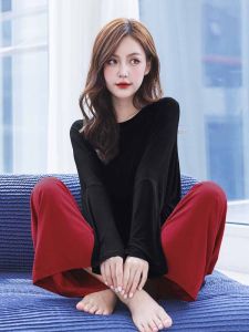 Long Sleeve Modal Sleepwear Womens Spring Autumn plus Size Loose with Chest Pad Wide Leg Pants Winter Home Clothes Two Piece Set