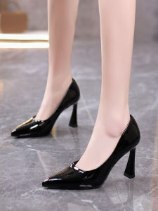 Black Patent Leather High Heels Sharp Pointed Toe Chunky Heel Office Lady Versatile Fashionable Spring New Style Women Shoes