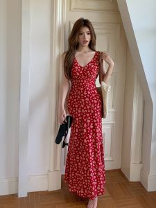 VKSOD | Summer Floral Print V-neck Red Dress Womens Slimming Wrap Bodycon Long Fish Tail Dress High Waist A-line Korean Style