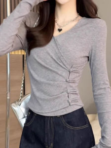 Black V-Neck Long Sleeve T-Shirt Womens Base Layer Shirt Inner Wear High-End Sensation Unique Exquisite Top Pure Color Casual