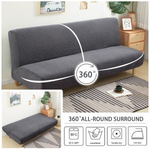Solid Color Armless Sofa Bed Cover Wear Resistant Armless Sofa Protector Jacquard Checked Pattern Futon Cover with Elastic Bottom