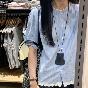 Áo Sơ Mi Nữ Tay Lửng Họa Tiết Sọc Xanh Pháp Mùa Hè Thiết Kế Rộng Rãi Thoải Mái Ôm Vừa Vặn Chất Liệu Polyester