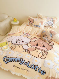 Japanese Mikko Joint Name Milk Fiber Bed Four-Piece Set Kids Cream Yellow Quilt Cover Thick Coral Fleece Winter