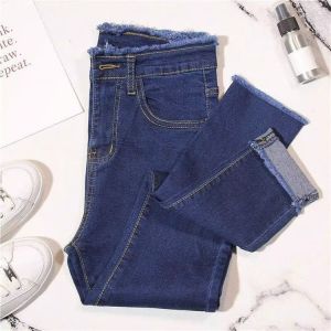 Quần Jeans Ống Thẳng Ôm Dáng 2024 Mùa Xuân Quần Jeans Ôm Dáng Cạp Cao Cho Nữ Cỡ Lớn Quần Jeans Co Giãn Cotton Dài
