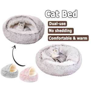 Semi-Enclosed Cat Bed Shell Bed Plush Round Washable Puppy Cat Nest