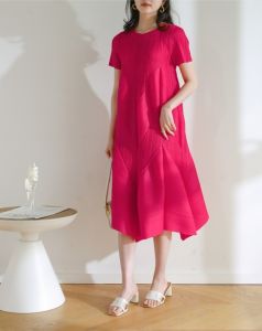 Miyake Pleated Fashionable Light Mature Casual and Sweet Short Sleeve Long Bud Dress #9219