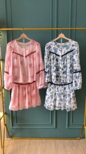 SET7220 Floral Long Sleeves Blouse Skirt Set