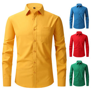 Mens White Blue Yellow Red High Quality Shirts Spring New Regular Fit Long Sleeve Shirt Men Formal Wedding Elastic Shirt Male