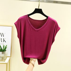 Modal Versatile V-Neck T-Shirt Women Summer Thin Solid Color Sleeveless Base Shirt Fashion plus Size Loose Casual Top