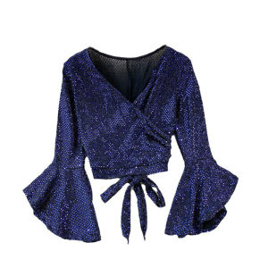 Fashionable Short Shiny Sequin T-Shirt Womens Slim Fit Long Sleeve V-Neck Bell Bottom Knot Tie Top Korean Style Commute