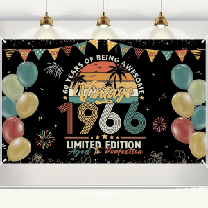 Retro 1966 60th Birthday Banner "60 Years of Being Awesome" Tropical Sunset Background for 60th Birthday Celebration
