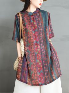 Cotton Linen Mid Length Shirt for Women Loose Fit Summer Printed Work Clothing Stand Collar Slimming Style Mothers Clothing