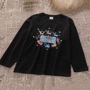Loose Long Sleeve Pokemon Eevee Girls T-Shirt Cartoon Top for Children Breathable round Neck Design Spring Autumn Winter