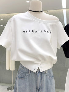 BINKAFENNY | American Style Shoulder Bared White Letter Print Button Short Sleeve T Shirt Women Summer Design Unique Versatile Top