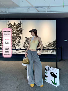 American Retro Sport Casual Pants Womens Drawstring Loose Hip Concealing Slim Wide Leg Pants Comfortable Breathable