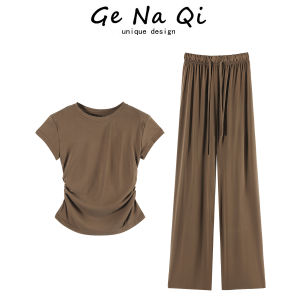 GeNaQi Casual Elegant Two-Piece Set Womens Summer Korean Style Short Sleeve T-Shirt High Waist Draped Long Pants Fashionable