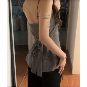 BINKAFENNY | Gray Shiny Backless V-Neck Strap Vest Women Summer Elegant Beautiful Waist-Cinching Sleeveless Mini Top Commute Style Slim Fit
